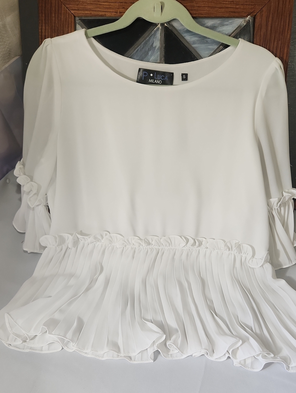 P. Luca Milano White Pleated Ruffle Blouse